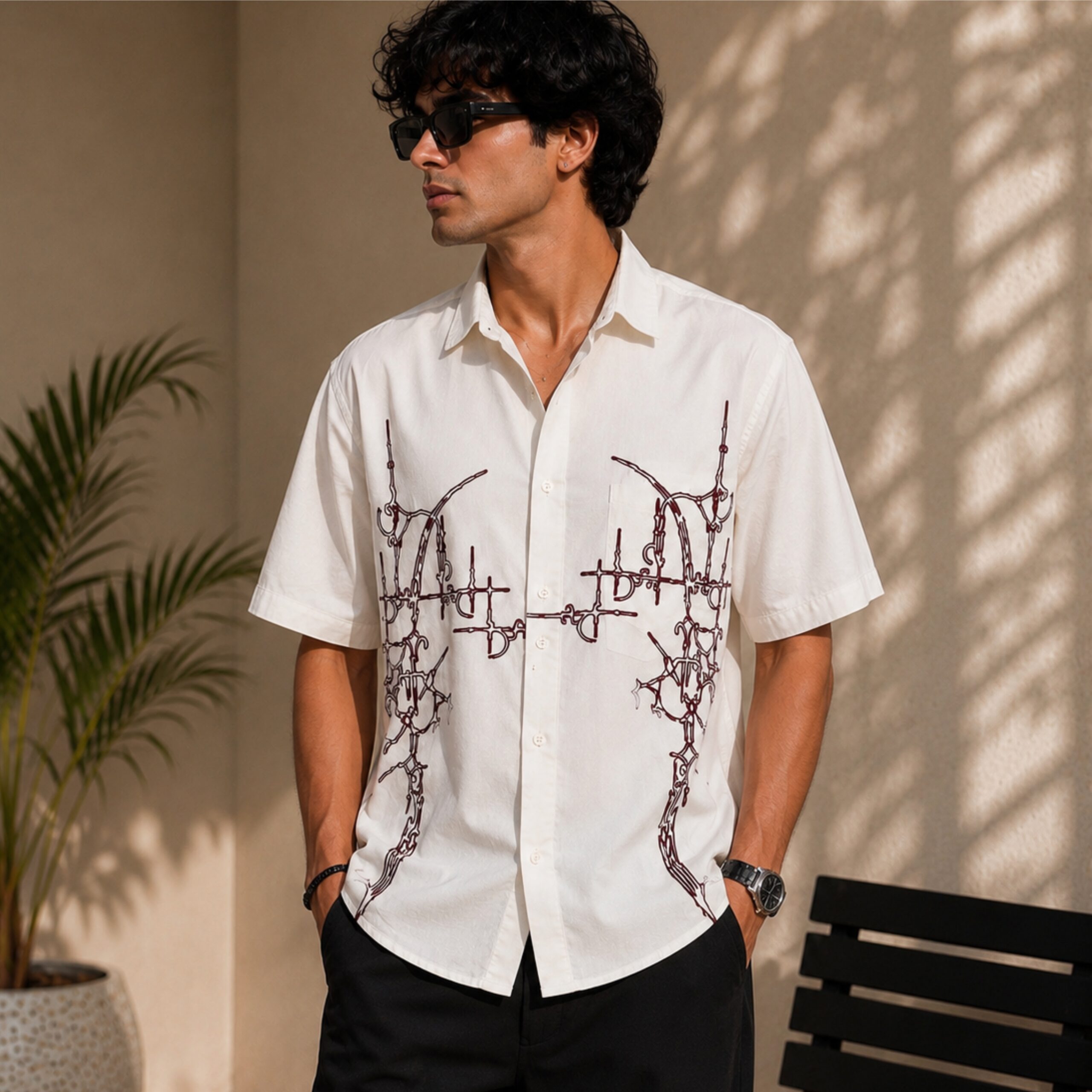 Monochrome Abstract Graphic Embroidered Resort Shirt