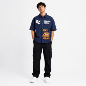Men's Navy Pinstripe Oversized Streetwear Shirt with Typography Graphic